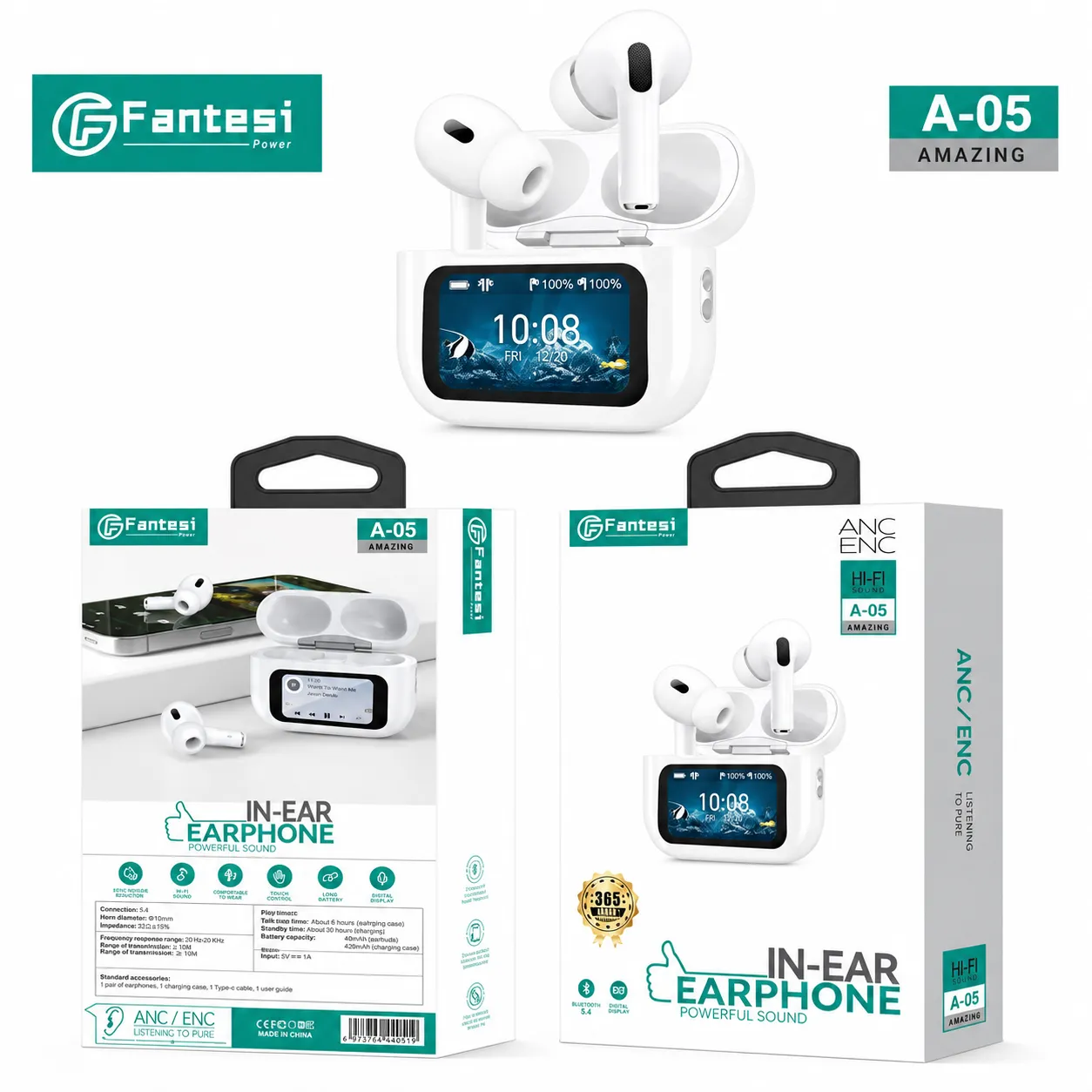 Fantesi A-05 ANC/ENC Wireless Earbuds with Touchscreen Case